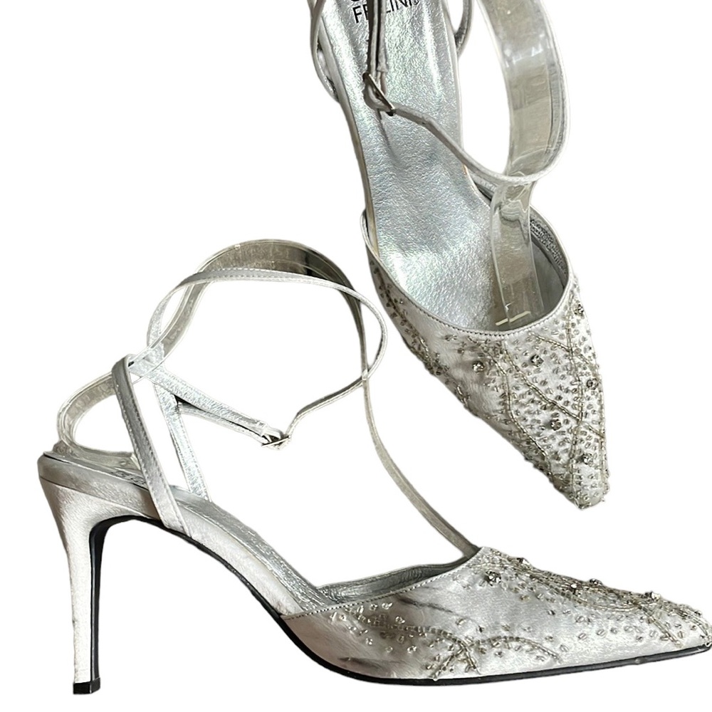 Carlo Fellini Casablanca Satin Beaded Silver Ankle Strap Shoe 9